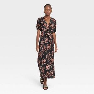 A New Day Women's Crepe Flutter Short Sleeve Midi Dress, Black/Brown Floral